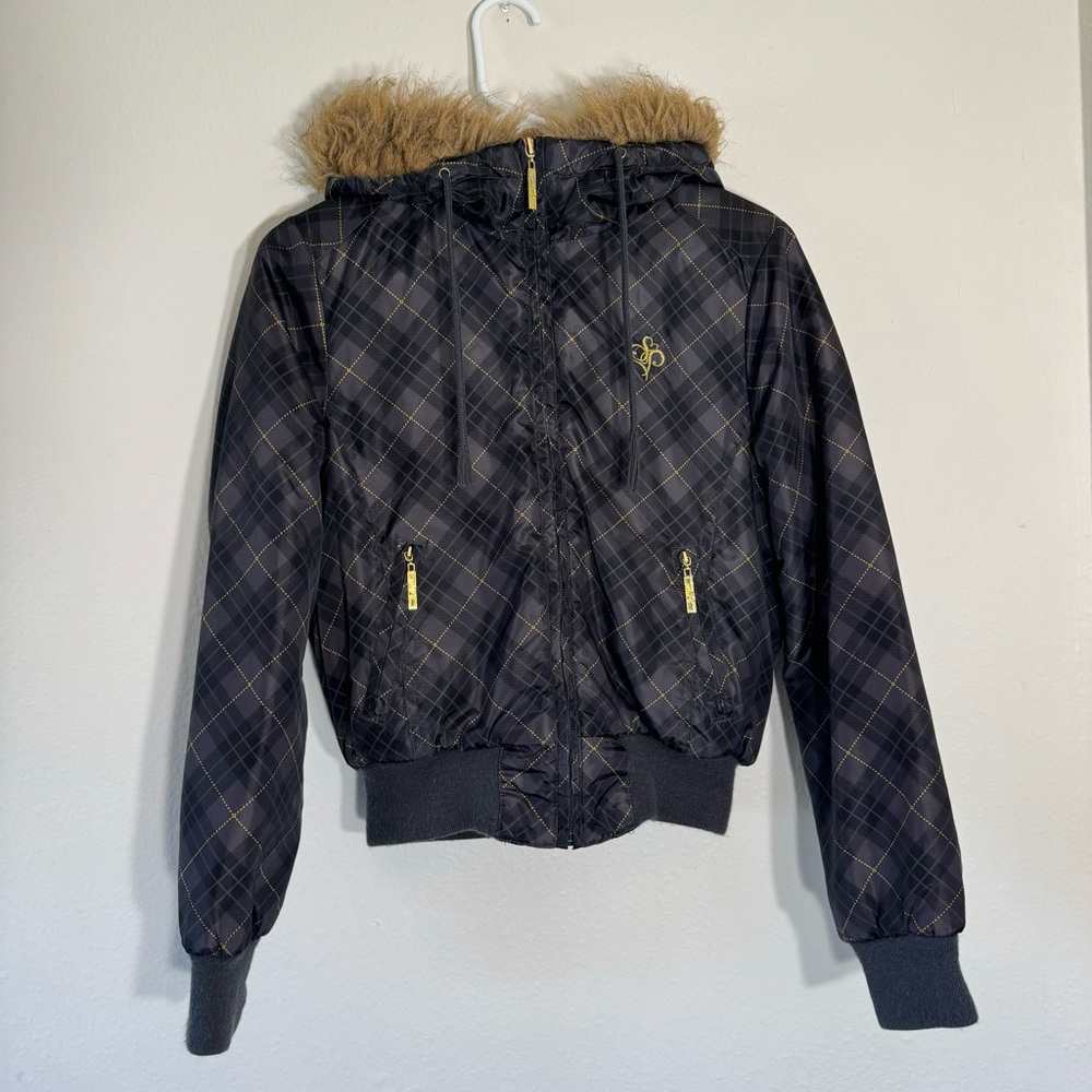 Vtg SOUTHPOLE Down Bomber Faux Fur Hooded Y2K Puffer Jacket Brown Women’s Med
